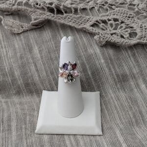 Elegant Silver Multi-Color Gemstone Flower Ring